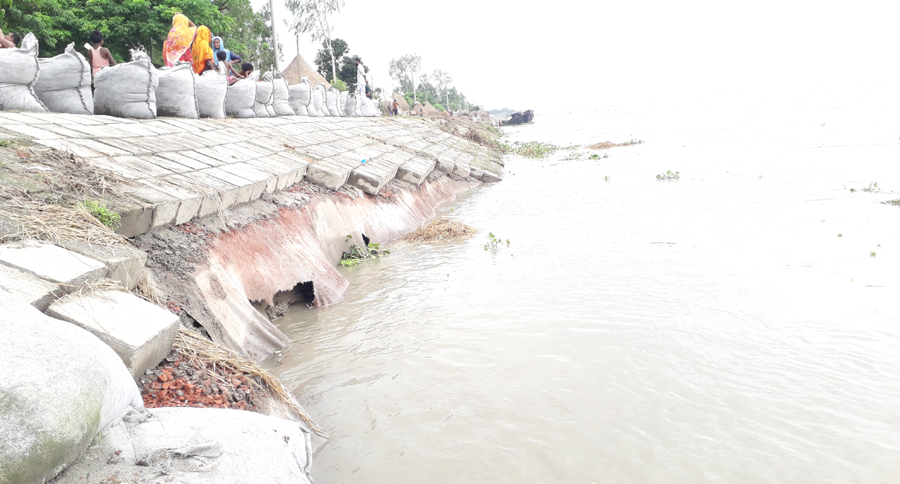 চিলমারীতে আবারও বেড়িবাঁধের ধস, বাধ ঠেকাতে চলছে কাজ